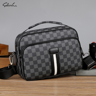 单肩包休闲手提斜挎包男式 男士 大容量方包 格子男包时尚 欧美风新款