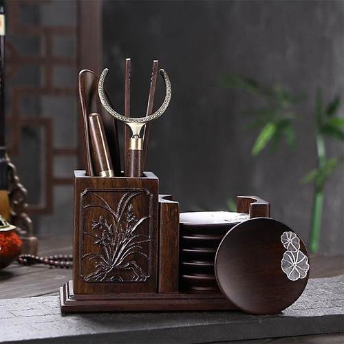 黑檀六君子套装黑檀花梨实木家用茶夹杯托茶盘配件茶勺杯叉高档