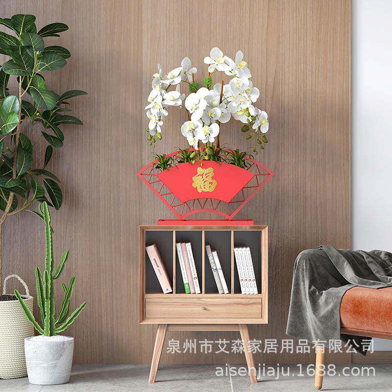 铁艺新中式蝴蝶兰花架仿真植物花盆简约轻奢年宵花盆栽摆件装饰品