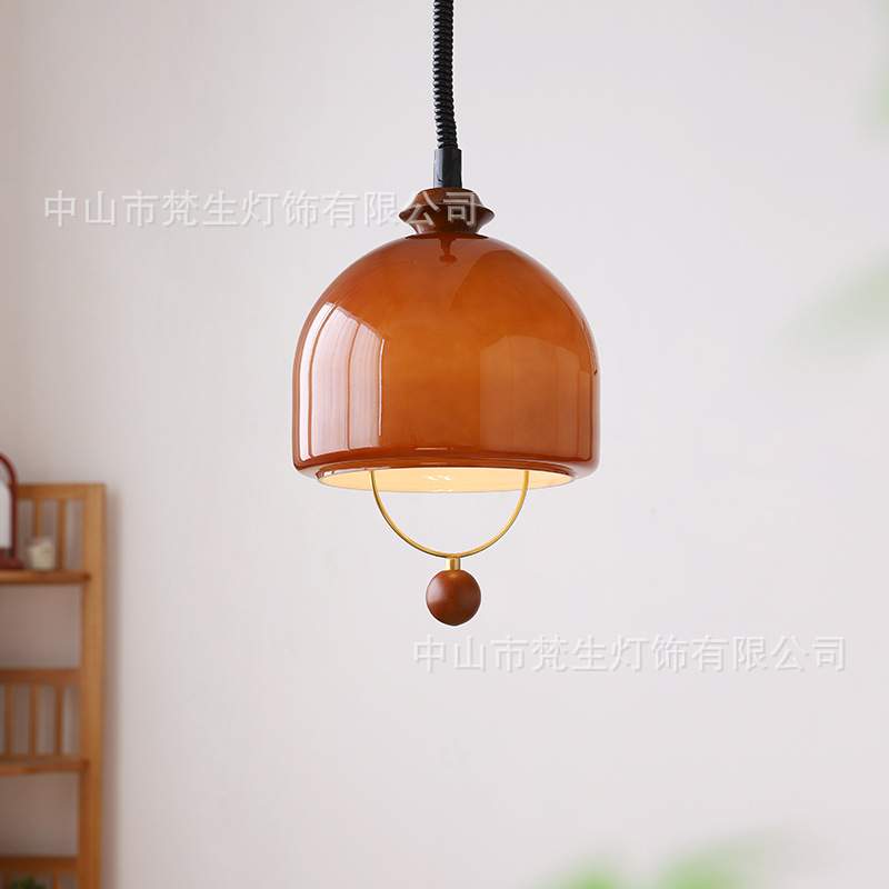 梵生 中古玻璃吊灯 餐厅实木可伸缩吧台岛台卧室复古升降灯具