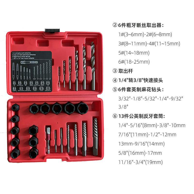 断头螺丝取出器破损残缺螺丝螺母拆除工具组合26件套装工具