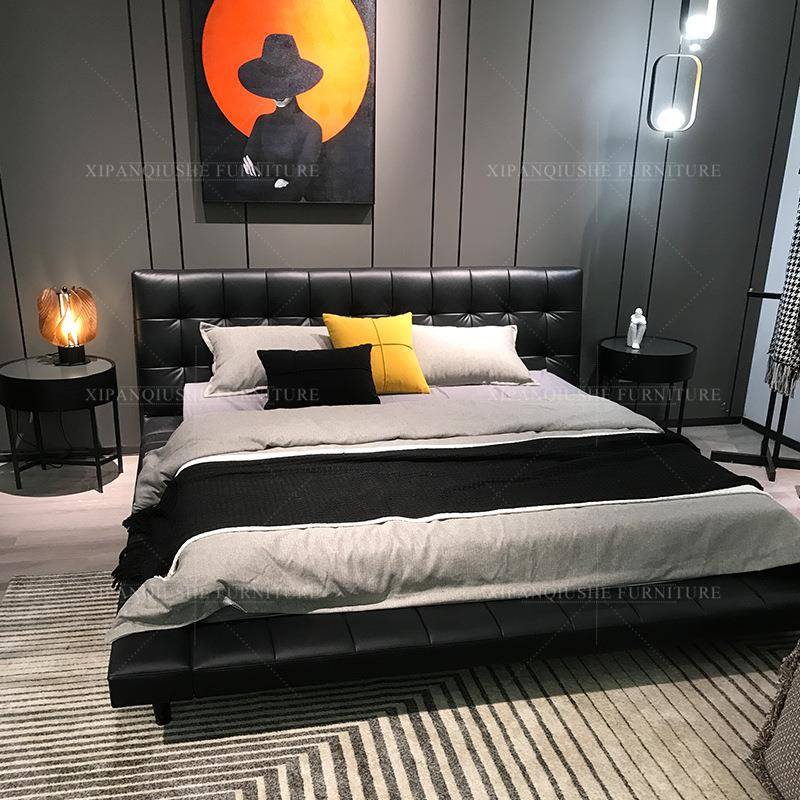 现代轻奢真皮床北欧极简双人床主卧榻榻米床设计师极简工业风大床
