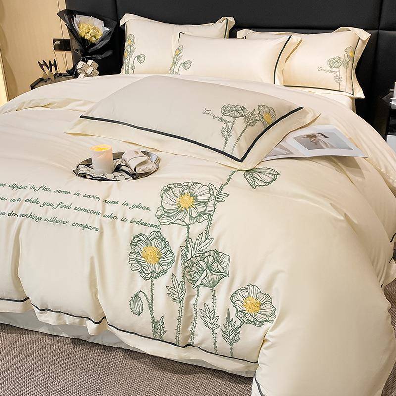 新中式100支刺绣花床上四件套纯棉全棉感床单被套罩床品欧式轻奢4