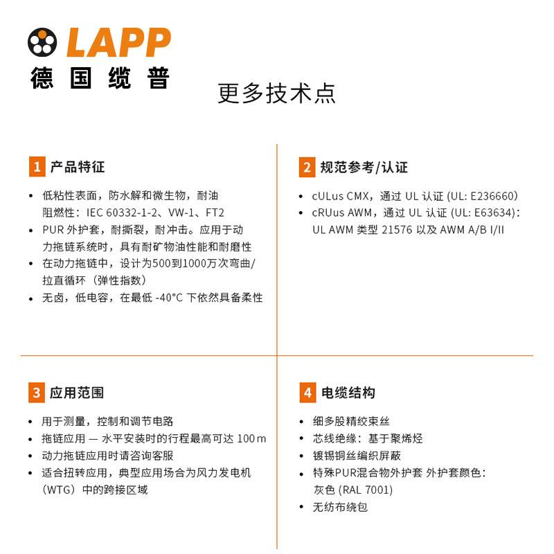 缆普LAPP电线电缆UNITRONIC? FD CP PLUS拖链铜芯多股装修护套线