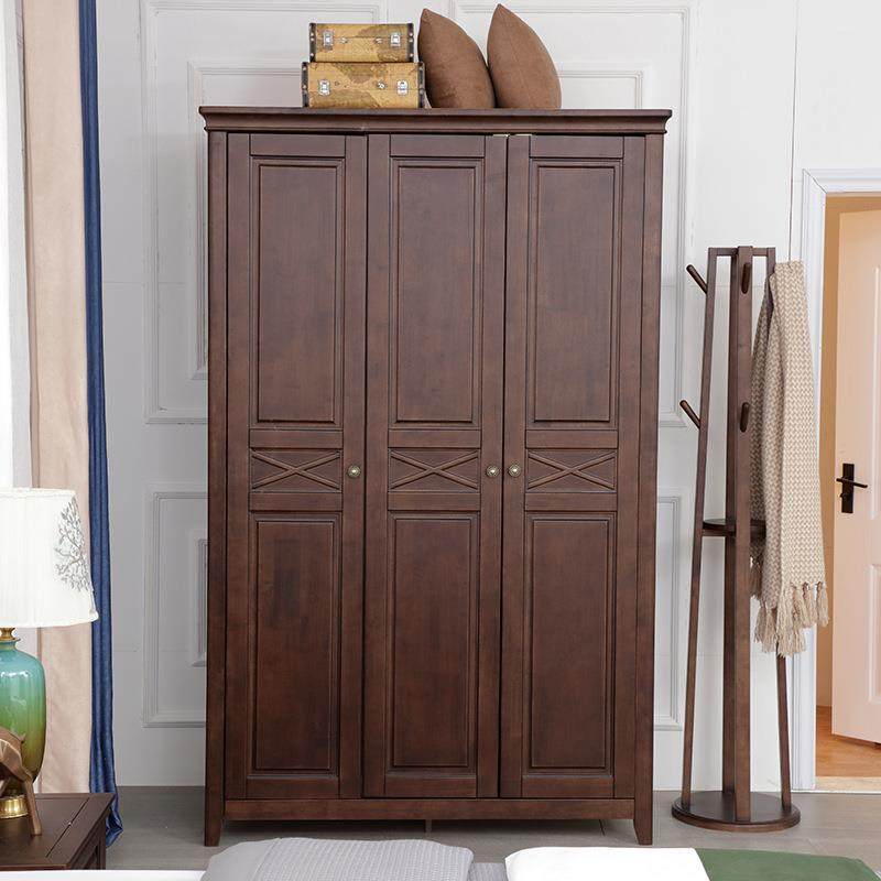 实木衣柜美式橡胶木可加顶柜平开门多层储物收纳柜木质三门衣橱