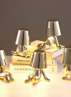 床头触摸控制台灯，彩色布绒小金人金色装饰Thinker雕像LED台