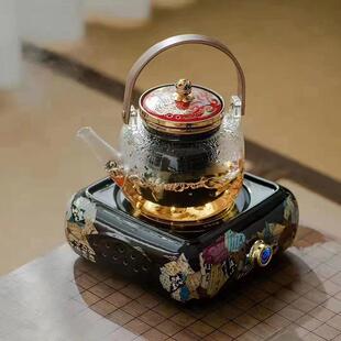 电陶炉陶瓷养生壶饕餮纹八破图提梁玻璃烧水壶烹茶壶蒸茶器煮茶器