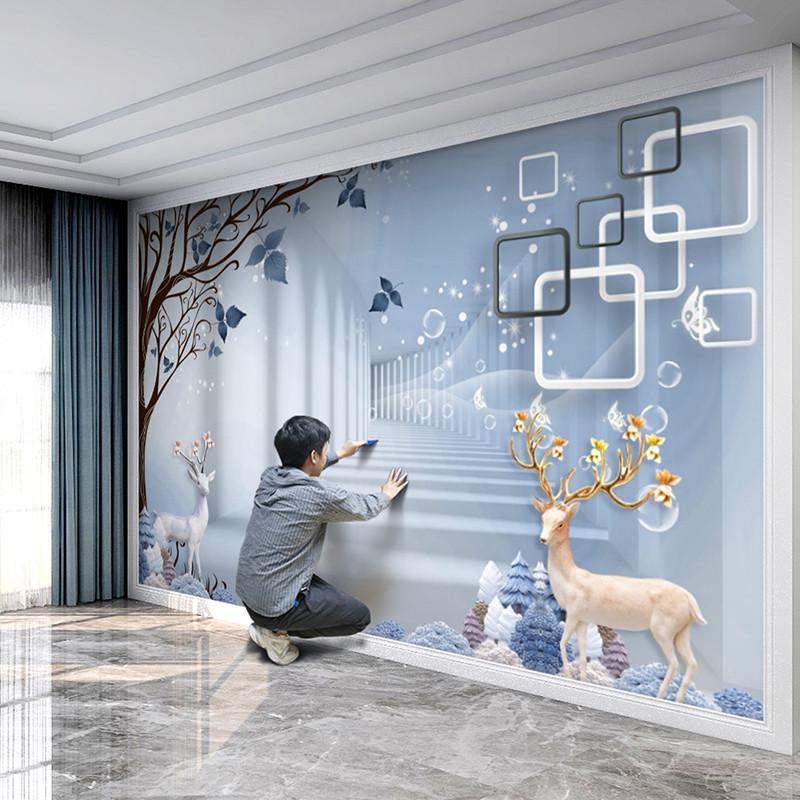 2023新款电视背景墙壁纸客厅现代简约装饰影视墙壁画麋鹿墙贴自粘图片