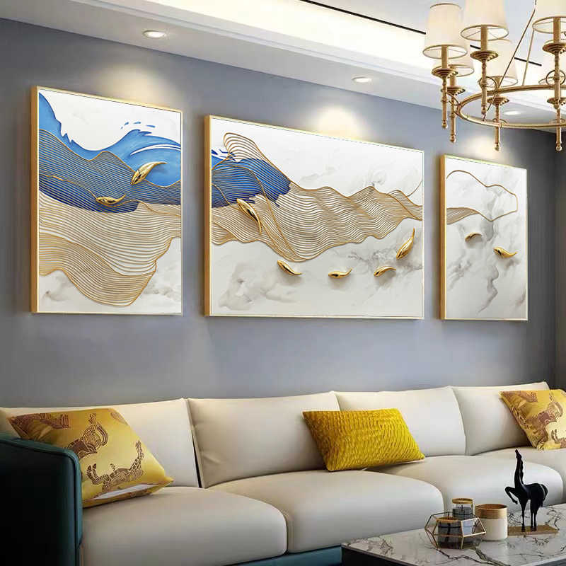 手绘立体沙发背景轻奢装九鱼图装饰油画客厅抽象现代简约餐厅油画图片