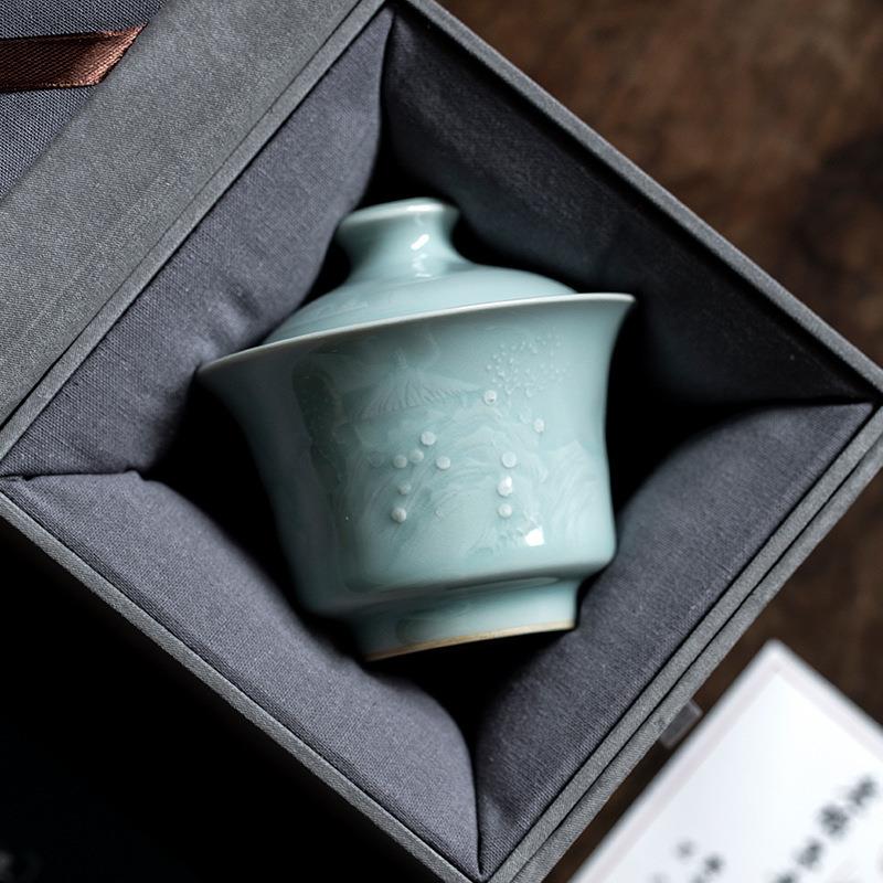 二才盖碗越窑粉青世外桃源茶杯陶瓷茶具精致不烫手单个带盖泡茶碗