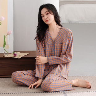 秋季 2025新款 全棉中年妈妈家居服 梭织纯棉长袖 带胸垫睡衣女春秋款