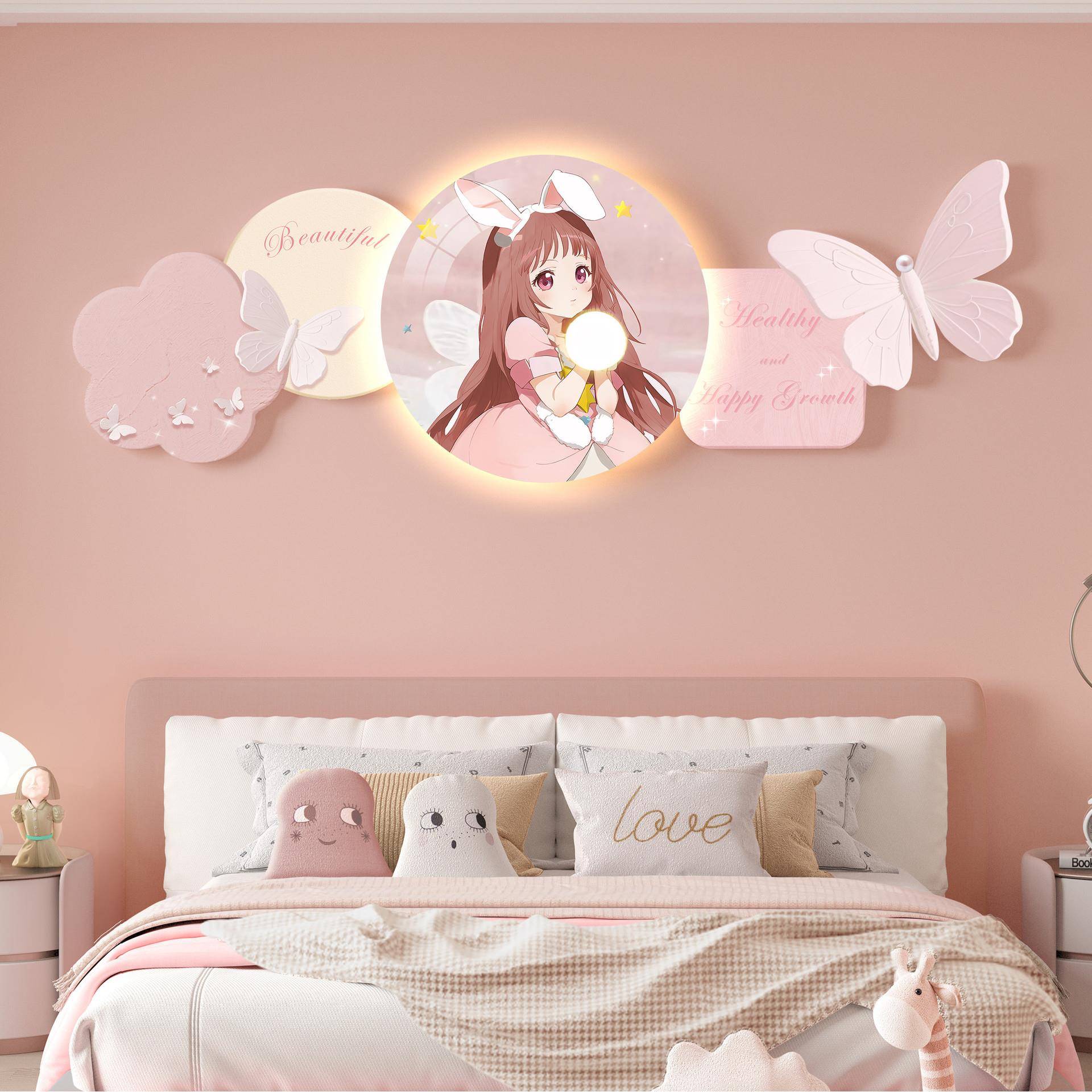 奶油风女孩房间卧室装饰画卡通灯画儿童房壁画蝴蝶床头带灯挂画