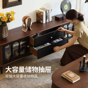 法式中古风实木黑色涟漪电视柜复古客厅小户型靠墙一体储物收纳柜