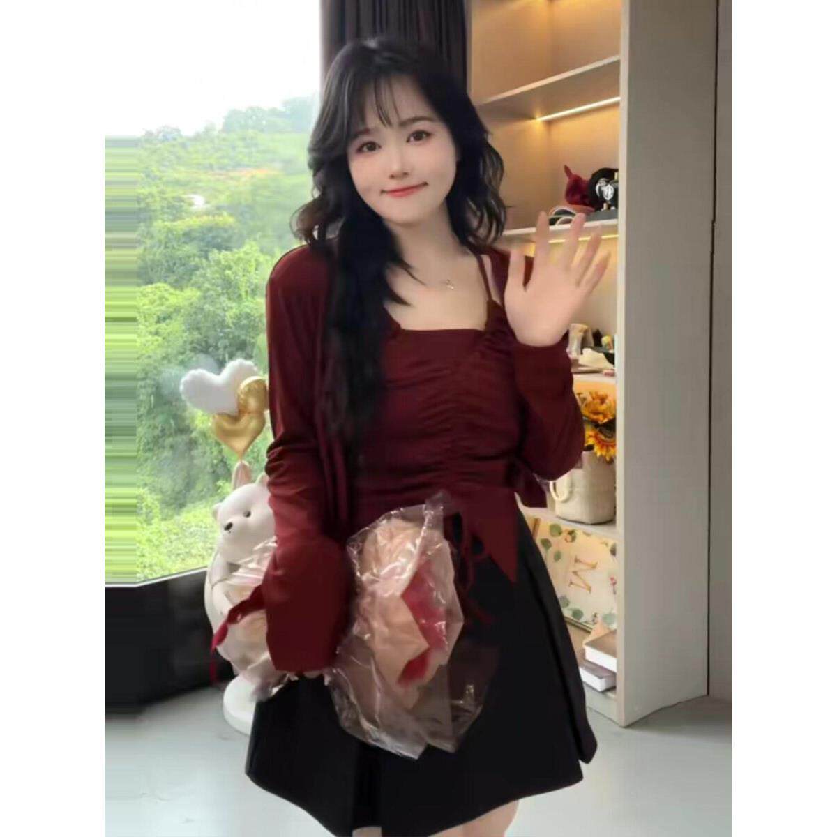 大码微纯欲套装女KEK夏季胖mm显两瘦绳辣妹chic抽吊带胖开衫遮肉