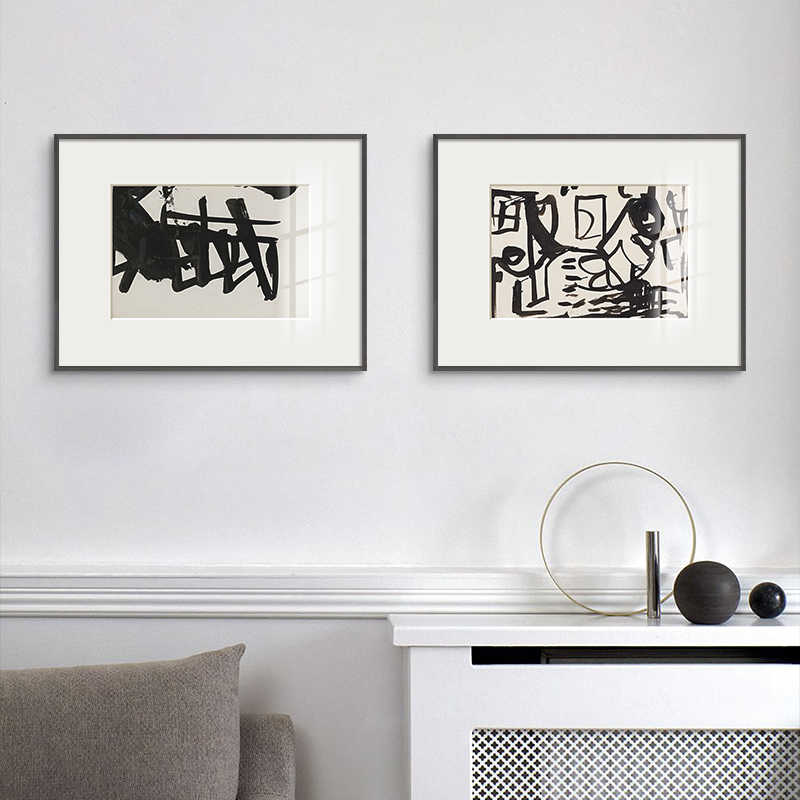 现代抽象艺术装饰画黑白小众卡纸壁画笔触线条餐厅书房卧室墙挂画图片