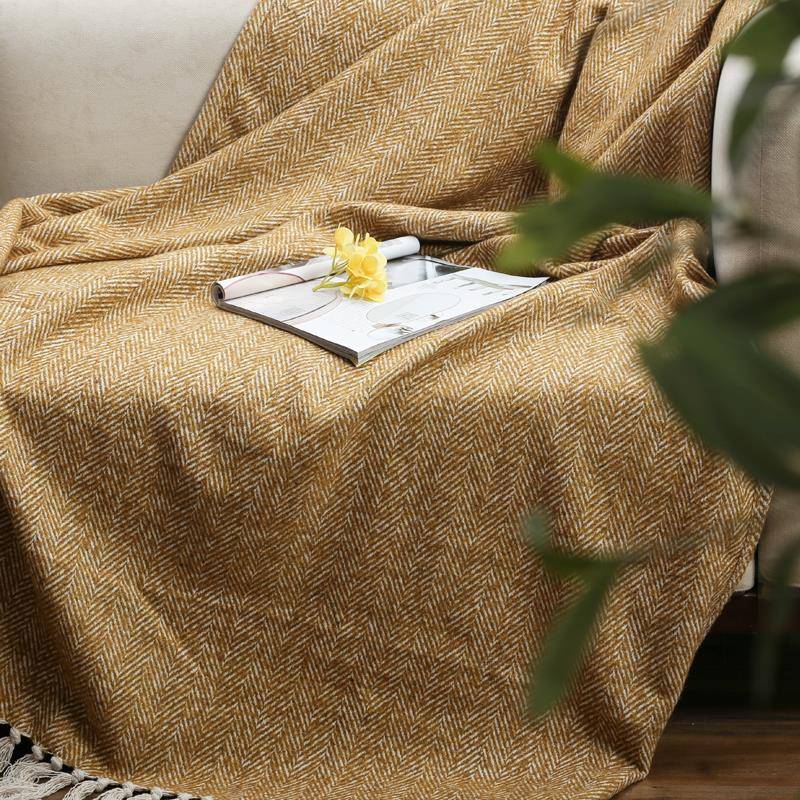 1VP样板间R黄色蓝色呢毯F76M96J5绒流苏搭床尾软巾酒店民宿床尾毯