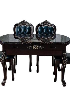 可饭变IIN圆桌伸欧缩折叠餐桌椅组木合大理石圆形轻奢式桌黑色实