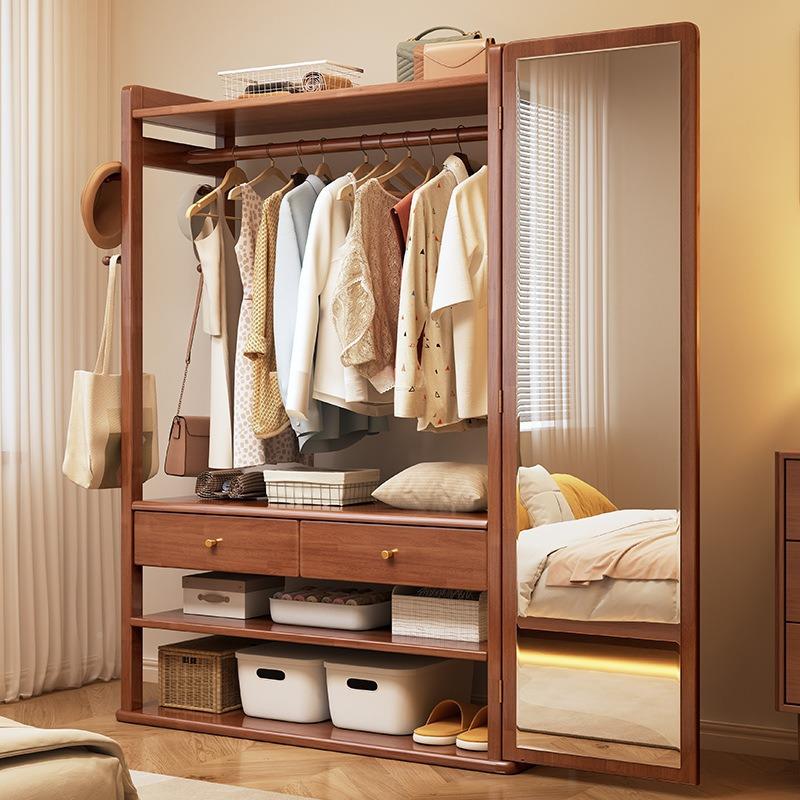实IEM木衣帽架一衣镜体带多功能挂衣架落地卧室穿可移动试衣镜衣