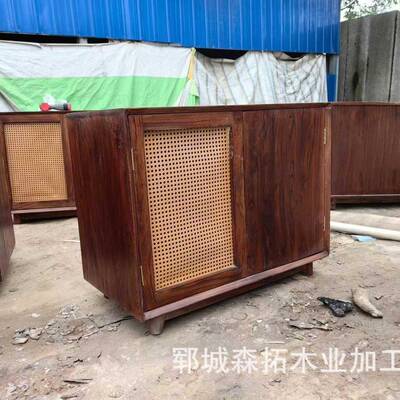 新中式老餐榆木边实木藤编柜储物柜用靠墙木质立式矮柜茶水OOT家