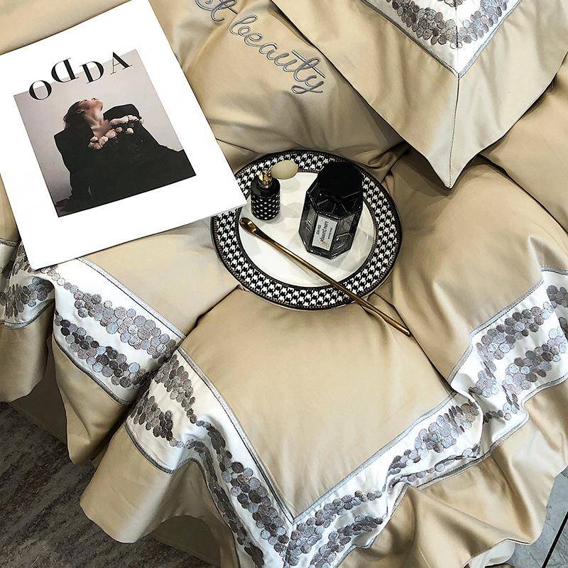 高品质10S支海岛棉刺绣0双QXR拼边棉款家庭别墅纯风四件套床单被