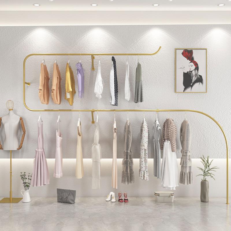服装店挂衣杆壁挂上墙陈列架女装童装店铺货架展示架金色衣服架子