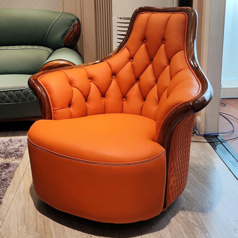 乌金木新中式休闲转椅实木真皮单人椅设计师单人沙发高背椅老虎椅