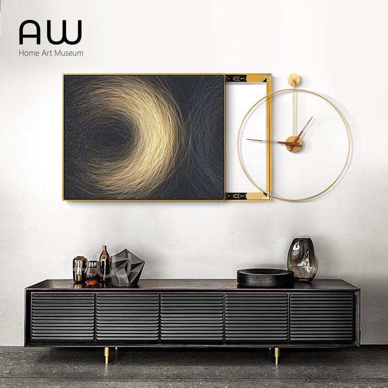 AW现代轻奢电表箱装饰画带钟表大尺寸配电箱遮挡横款推拉抽象挂画