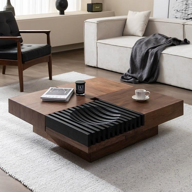 北美黑胡桃木茶几北欧现代简约客厅储物正方形实木茶几电视柜组合