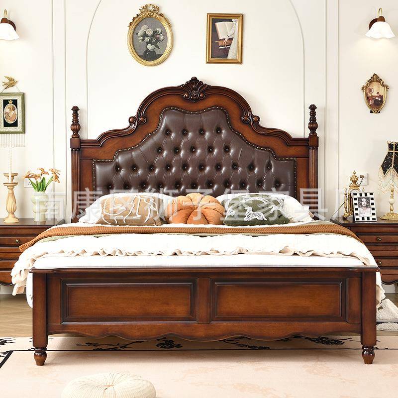 实木美式中古风软包靠背双人床罗马柱抽屉储物气压1米8婚床原木