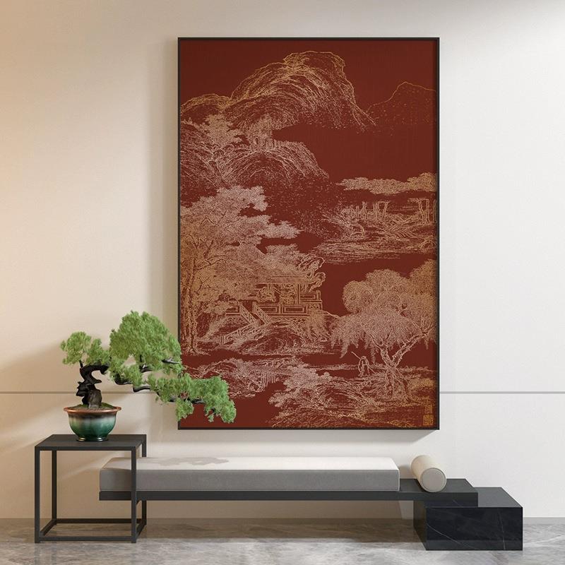 新中式装饰画客厅玄关壁画红色山水抽象肌理线条艺术感挂画