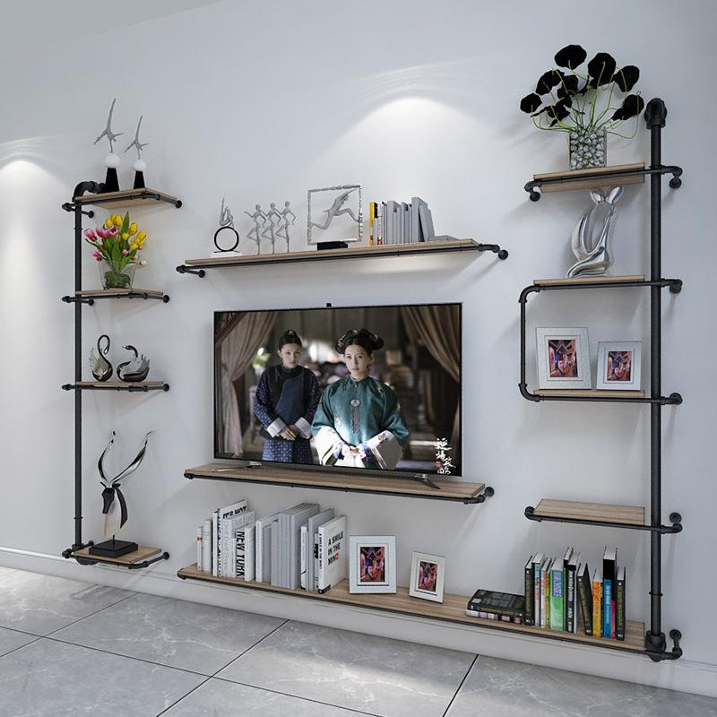 美式复古工业风墙上置物架客厅卧室家用实木书架创意水管一字搁板