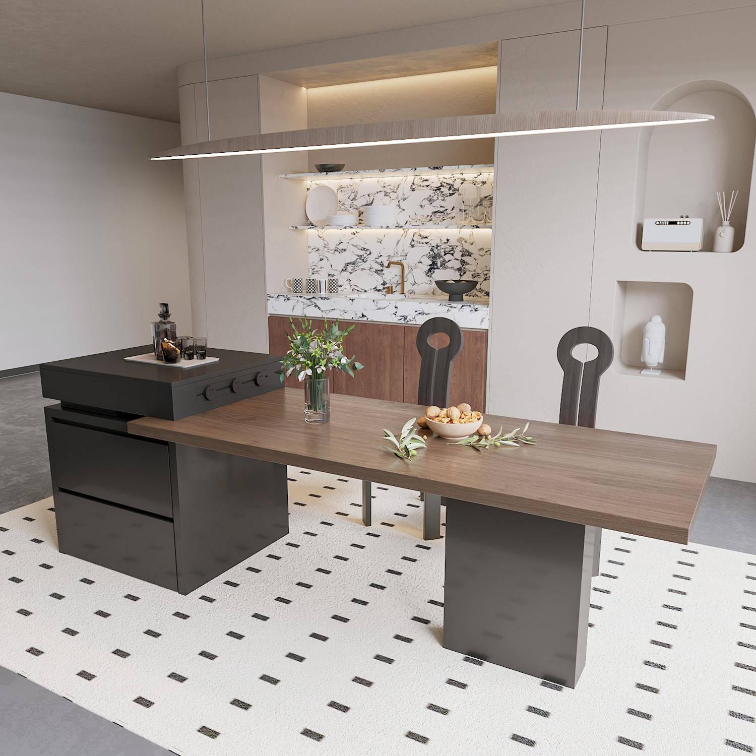 岩板岛台餐桌一体可伸缩家用黑胡桃木中古风多功能储物厨房中岛台