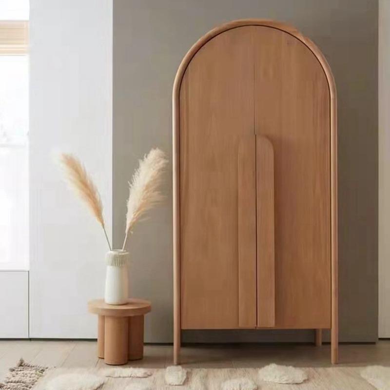 简约北欧实木民宿原木色双门衣柜收纳储物柜儿童日式拱形简易衣橱
