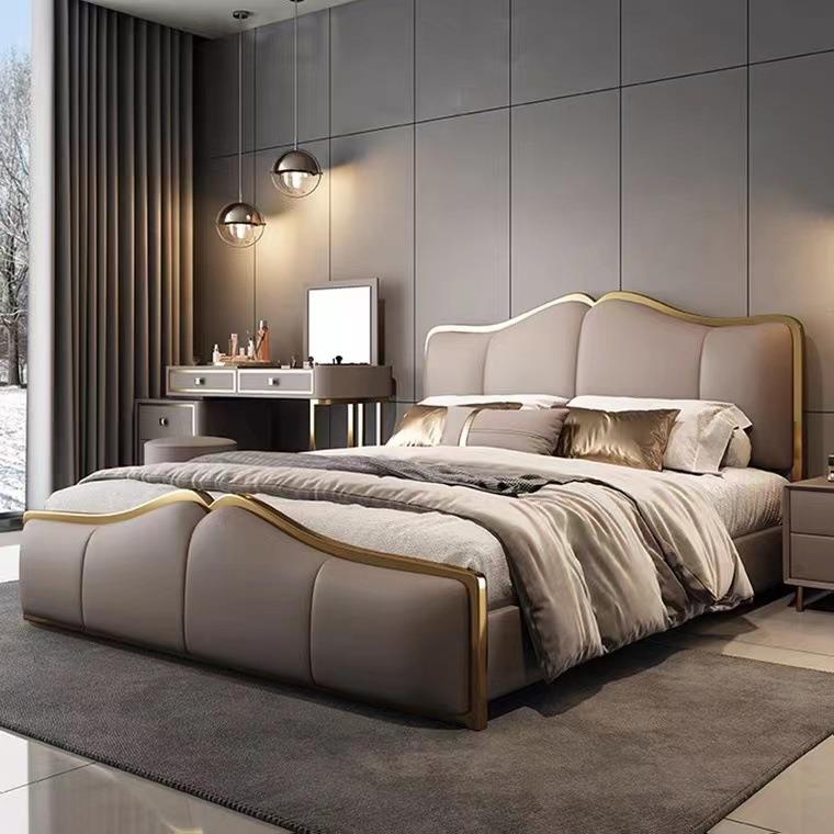 高端大气新款储物高箱真皮床后现代简约双人床轻奢风主卧软包婚床