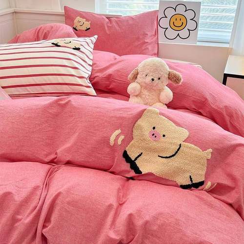 卡通水洗棉毛巾绣床上四件套全棉纯棉被套儿童床品宿舍床单三件套