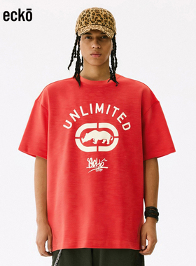 ecko红犀牛 贴布绣竹节棉重磅320g短袖t恤男2025新款夏季红色上衣