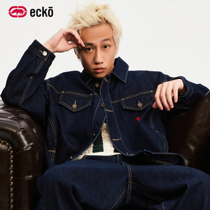ecko红犀牛 刺绣翻领丹宁蓝原色牛仔夹克情侣装美式新款男女外套