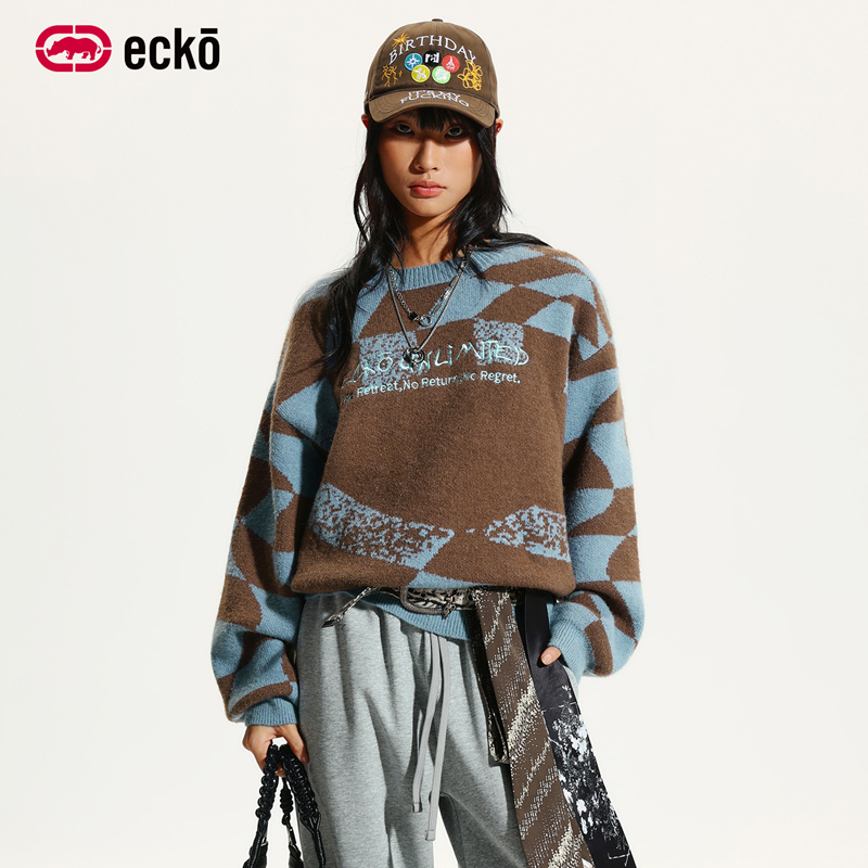 ecko红犀牛「柠檬水」刺绣提花情侣厚毛衣2025冬季新款保暖针织衫