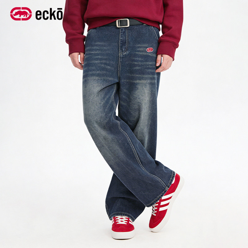 ecko红犀牛  美式复古水洗做旧直筒猫须牛仔裤男2025冬季新款长裤