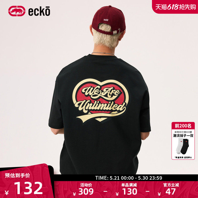 ecko红犀牛 黑色凉感全棉情侣短袖t恤男女新款青少年印花圆领上