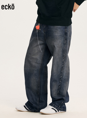 ecko红犀牛  水洗做旧直筒铆钉牛仔裤男2025秋季新款美式复古长裤