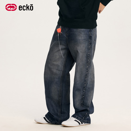 ecko红犀牛做旧直筒铆钉牛仔裤