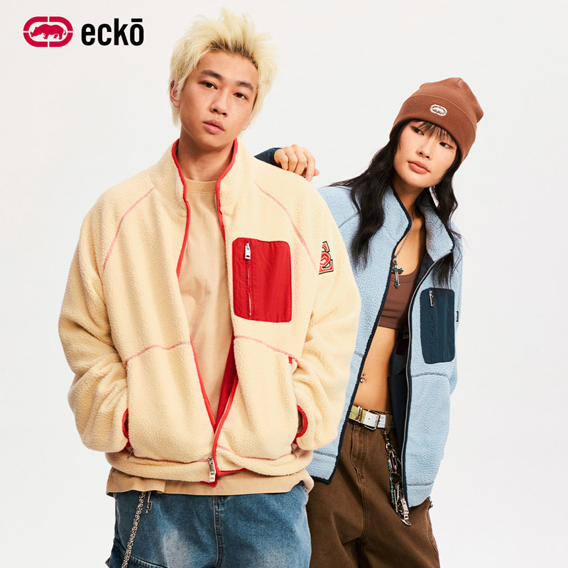 ecko红犀牛  刺绣摇粒绒立领拉链夹克情侣装2025冬季新款加厚外套