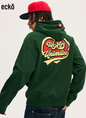ecko红犀牛  爱心印花重磅连帽抓绒情侣墨绿卫衣2025秋季新款外套