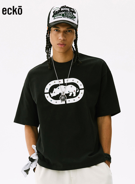 ecko红犀牛 烫钻短袖t恤男女同款2025新款夏季情侣装黑色圆领上衣