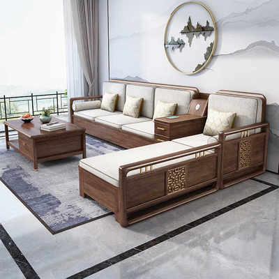 新中式全实木沙发组合现代简约客厅木质家具小户型胡桃木储物沙发