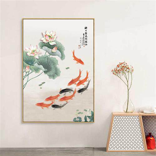 连年有余九鱼图水墨装饰画新中式客厅饭厅墙壁画玄关过道竖款挂画