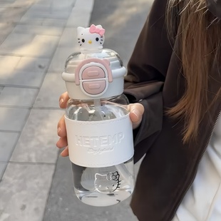 高硼硅双饮玻璃杯耐高温女生高颜值可爱学生防烫吸管杯子带刻度