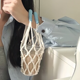 原创ins风咖啡杯网兜杯套便携式水杯提兜通用手工编织防烫杯袋女