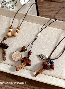 复古森系木质橡果吊坠项链新中式